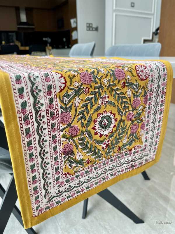 yellow pink hand block printed table runner in cotton canvas 