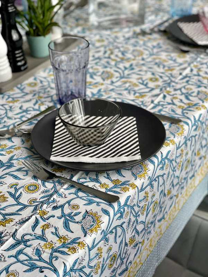 Handblock printed table cloth in pure cotton for 6-seater table in turquoise  floral design