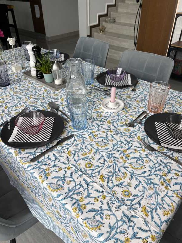 Handblock printed table cloth in pure cotton for 6-seater table in turquoise  floral design