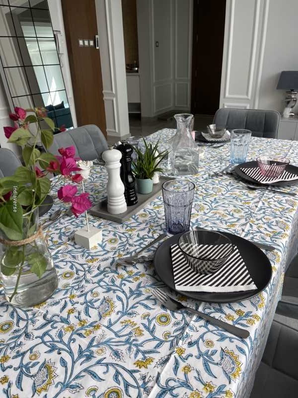 Handblock printed table cloth in pure cotton for 6-seater table in turquoise  floral design