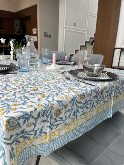 Handblock printed table cloth in pure cotton for 6-seater table in turquoise yellow floral design