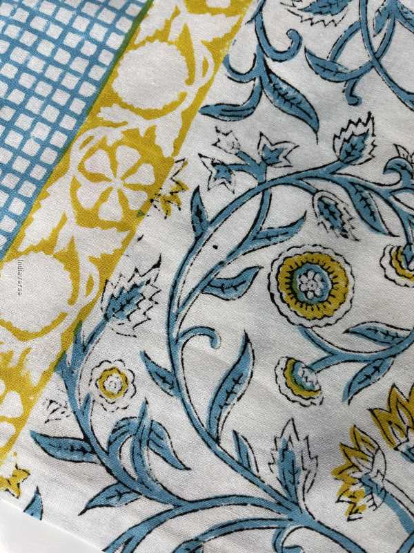 Handblock printed table cloth in pure cotton for 6-seater table in turquoise yellow floral design