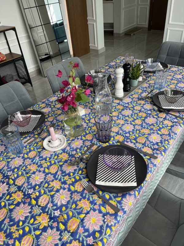 Handblock printed table cloth in pure cotton for 6-seater table in blue colorful floral design