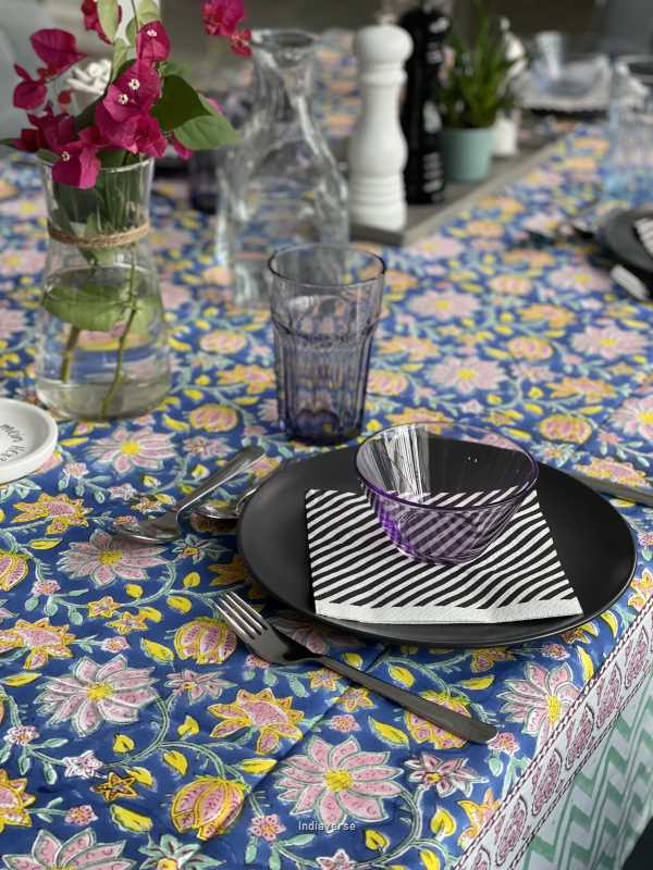 Handblock printed table cloth in pure cotton for 6-seater table in blue colorful floral design