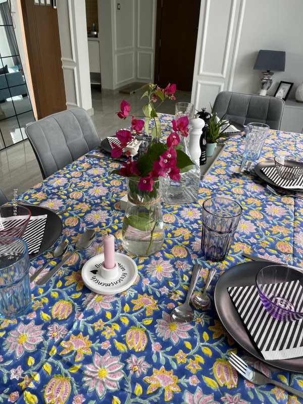 Handblock printed table cloth in pure cotton for 6-seater table in blue colorful floral design