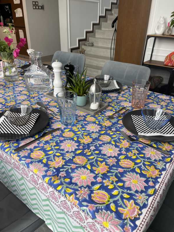 Handblock printed table cloth in pure cotton for 6-seater table in blue colorful floral design