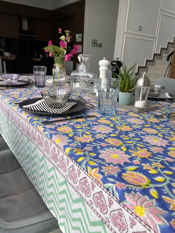 Handblock printed table cloth in pure cotton for 6-seater table in blue colorful floral design