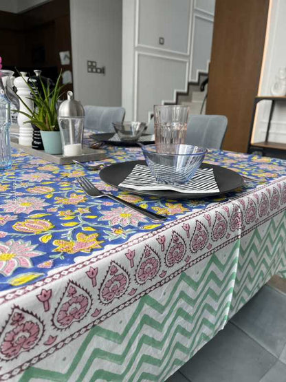 Handblock printed table cloth in pure cotton for 6-seater table in blue colorful floral design