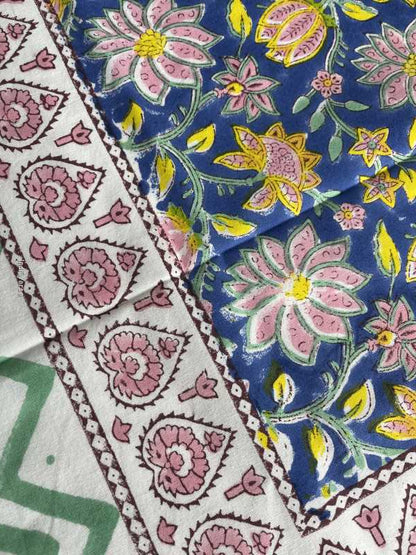 Handblock printed table cloth in pure cotton for 6-seater table in blue colorful floral design