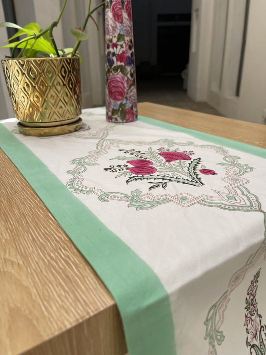 Hand block printed table runner Turquoise Flower Garden on cotton canvas