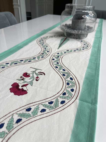 multi coloured hand block printed table runner in cotton canvas in floral design