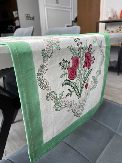 multi coloured hand block printed table runner in cotton canvas in floral design