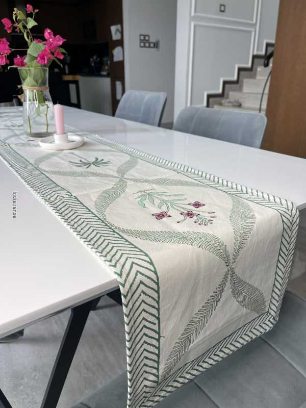 green purple floral handblock printed design table runner in pure cotton