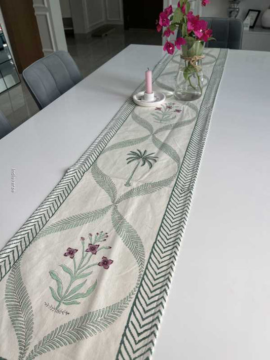 green purple floral handblock printed design table runner in pure cotton