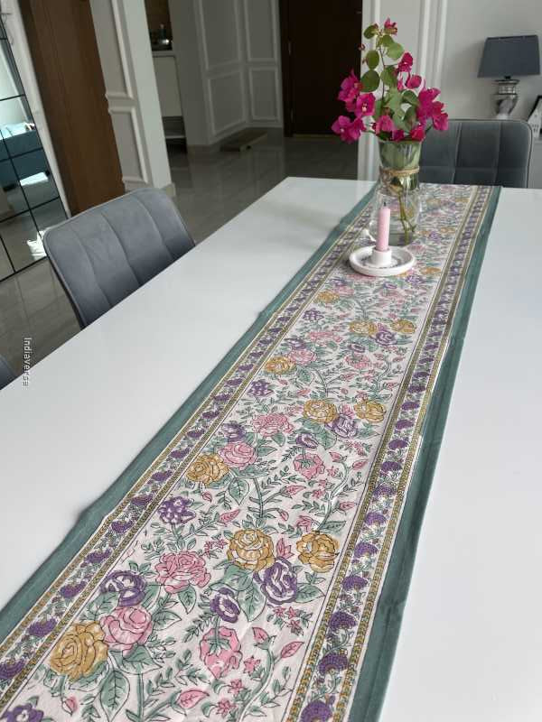 green purple floral handblock printed design table runner in pure cotton