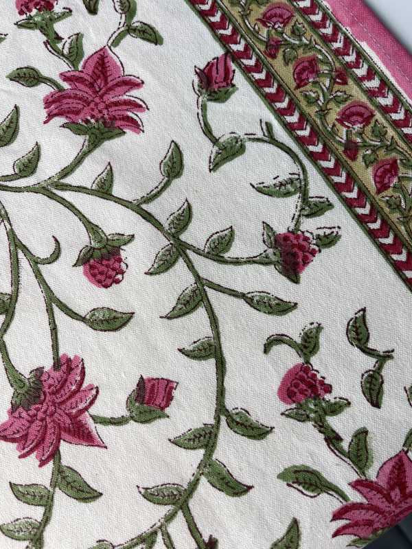 pink floral hand block printed design table runner in pure cotton