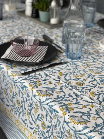 Handblock printed table cloth in pure cotton for 6-seater table in turquoise yellow floral design