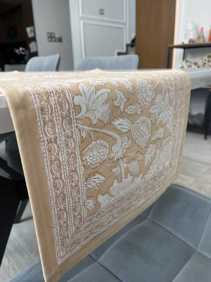 cream colored hand block printed table runner in cotton canvas 