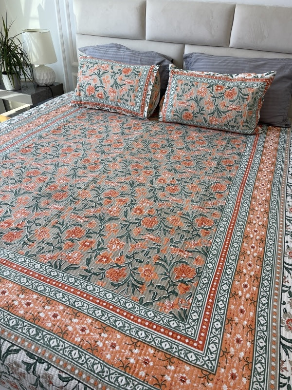 Orange Rajasthani Comforter for queen and king size beds in pure cotton with 2 matching quilted pillow cases