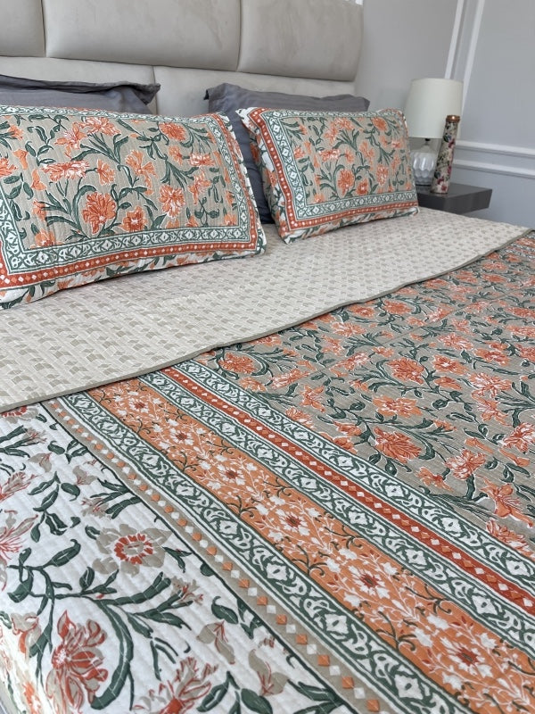 Orange Rajasthani Comforter for queen and king size beds in pure cotton with 2 matching quilted pillow cases