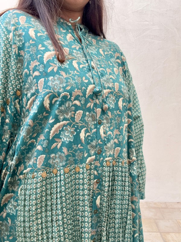 Teal floral patterned dress on a plain background