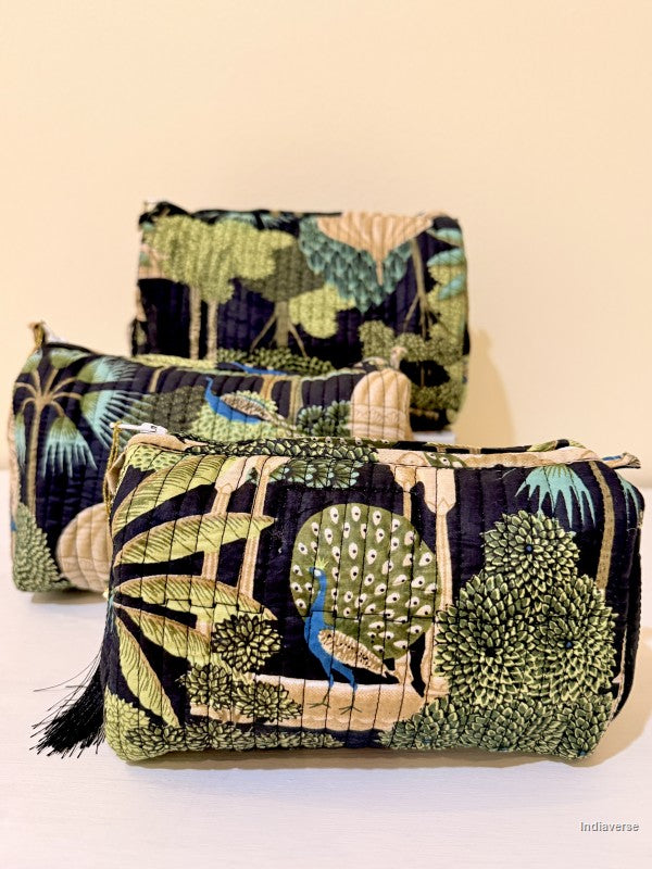 Pouch sets of toiletry bags with peacock in tropical garden motif | Mughal Garden