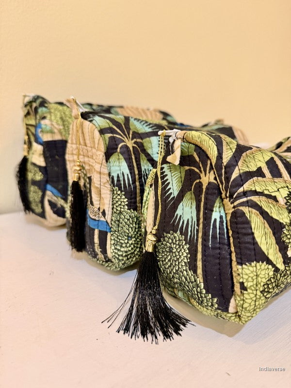 Pouch sets of toiletry bags with peacock in tropical garden motif and black tassels | Mughal Garden