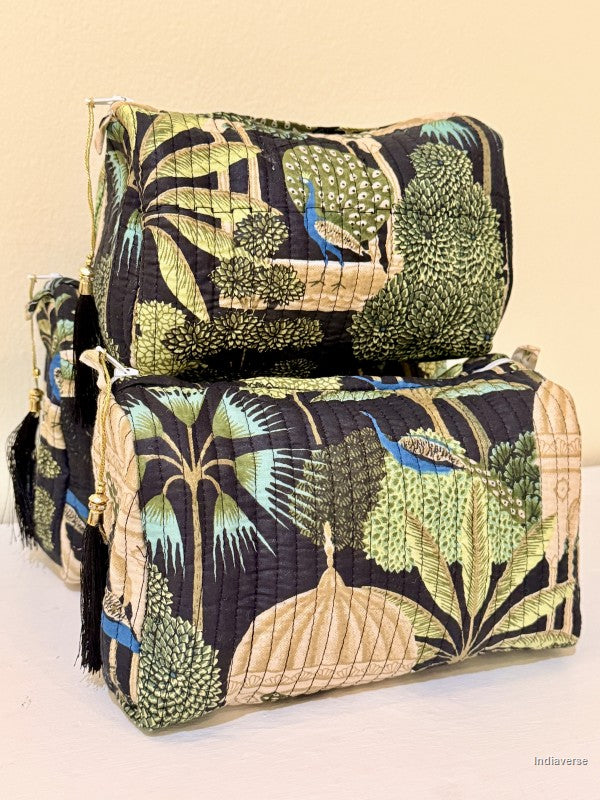 Pouch sets of toiletry bags with peacock in tropical garden motif | Mughal Garden