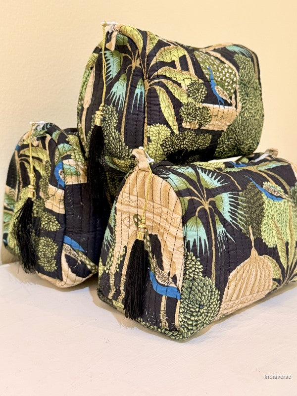 Pouch sets of toiletry bags with peacock in tropical garden motif | Mughal Garden