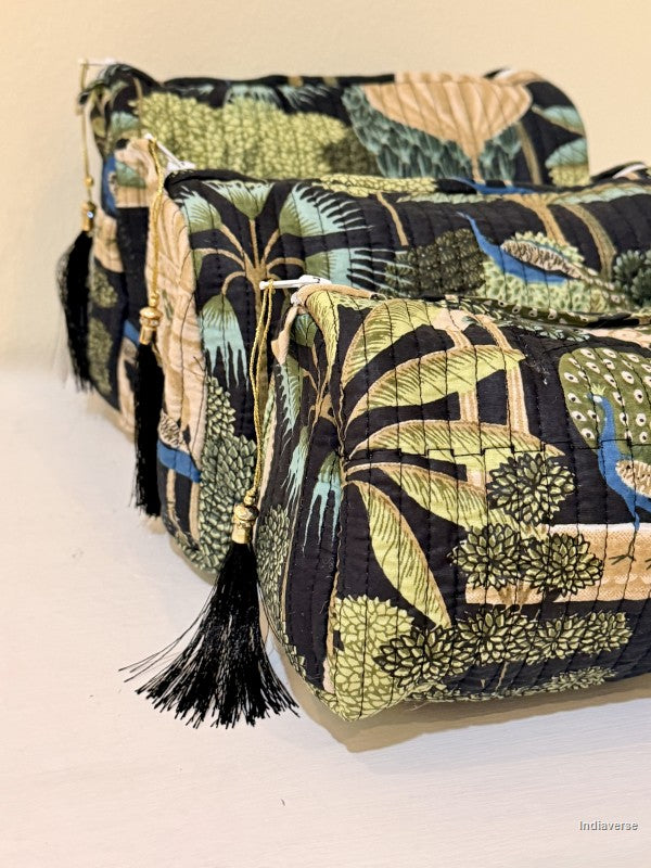 Pouch sets of toiletry bags with peacock in tropical garden motif | Mughal Garden