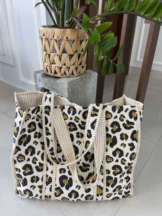 Beige handmade quilted pure cotton Tote Bag with one inside pocket for keys and small items in trendy Leo Look