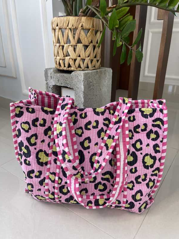 Pink handmade quilted pure cotton Tote Bag with one inside pocket for keys and small items in trendy Leo Look