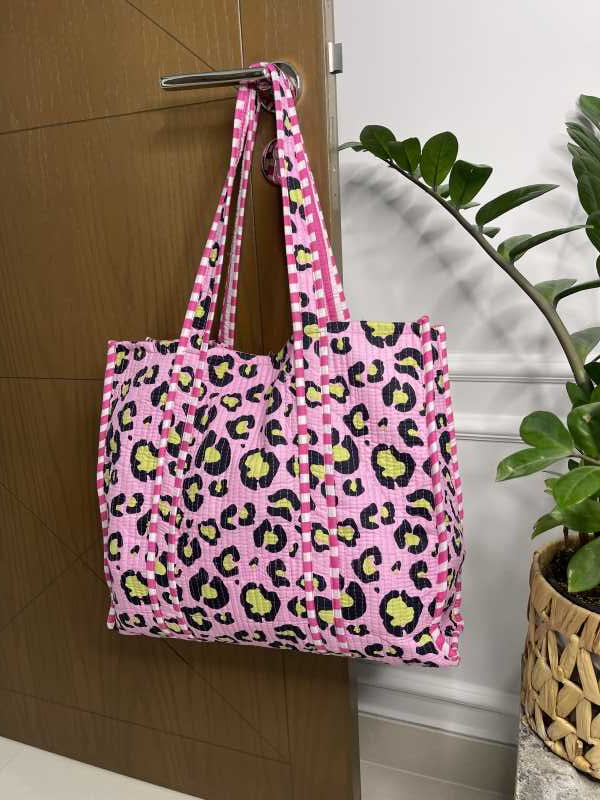 Pink handmade quilted pure cotton Tote Bag with one inside pocket for keys and small items in trendy Leo Look