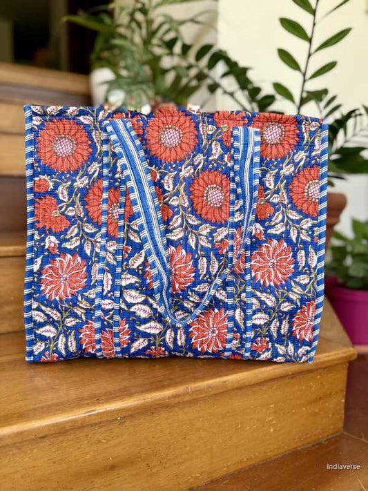 Extra large cotton tote bag with red poppy flower design perfect for carrying to the beach and shopping