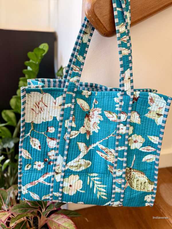 Extra large cotton tote bag with floral rose design in turquoise colors perfect for carrying to the beach and shopping