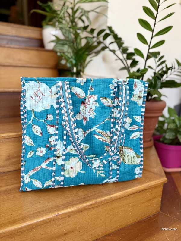 Extra large cotton tote bag with floral rose design in turquoise colors perfect for carrying to the beach and shopping
