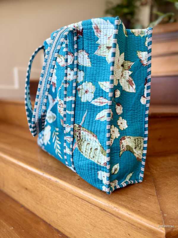 Extra large cotton tote bag with floral rose design in turquoise colors perfect for carrying to the beach and shopping