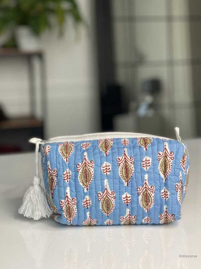 Blue hand block printed medium size toiletry bag for all your travel essentials, leak-proof and washable perfect to gift | Feather Blue