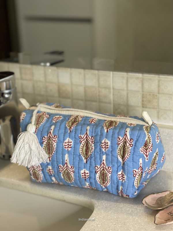 Blue hand block printed medium size toiletry bag for all your travel essentials, leak-proof and washable perfect to gift | Feather Blue