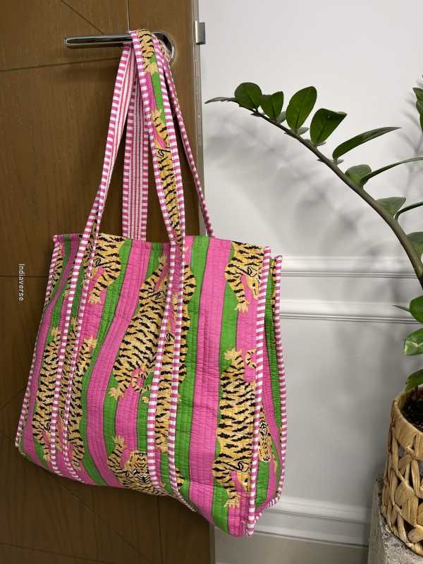 Rosa Green handmade quilted pure cotton Tote Bag with one inside pocket for keys and small items in Tiger Optic