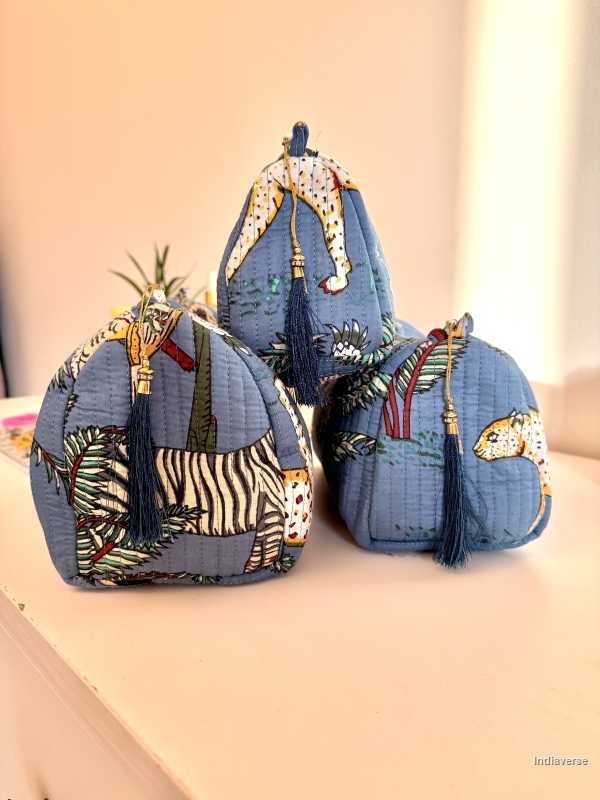 set of three blue pouches with animal theme print | Tropical Jungle