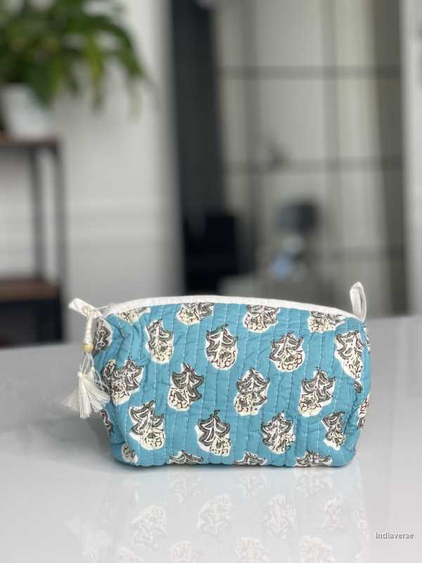 Light blue hand block printed small size toiletry bag for all your travel essentials, leak-proof and washable, perfect to gift | Underwater World