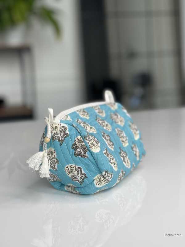 Light blue hand block printed small size toiletry bag for all your travel essentials, leak-proof and washable, perfect to gift | Underwater World