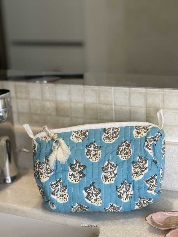 Light blue hand block printed small size toiletry bag for all your travel essentials, leak-proof and washable, perfect to gift | Underwater World