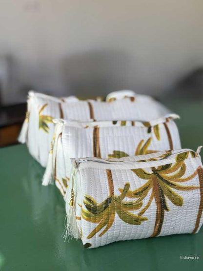 Toiletry Pouch Set with Palm design and pink color for toiletries and cosmetics in three sizes small, medium and large | White Palm