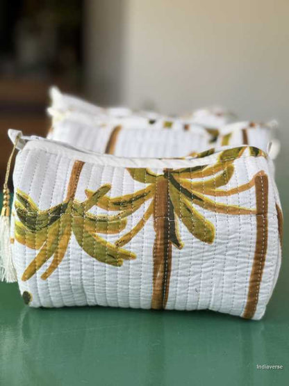 Toiletry Pouch Set with Palm design and pink color for toiletries and cosmetics in three sizes small, medium and large | White Palm
