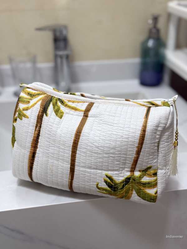 Toiletry Pouch Set with Palm design and pink color for toiletries and cosmetics in three sizes small, medium and large | White Palm