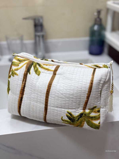 Toiletry Pouch Set with Palm design and pink color for toiletries and cosmetics in three sizes small, medium and large | White Palm