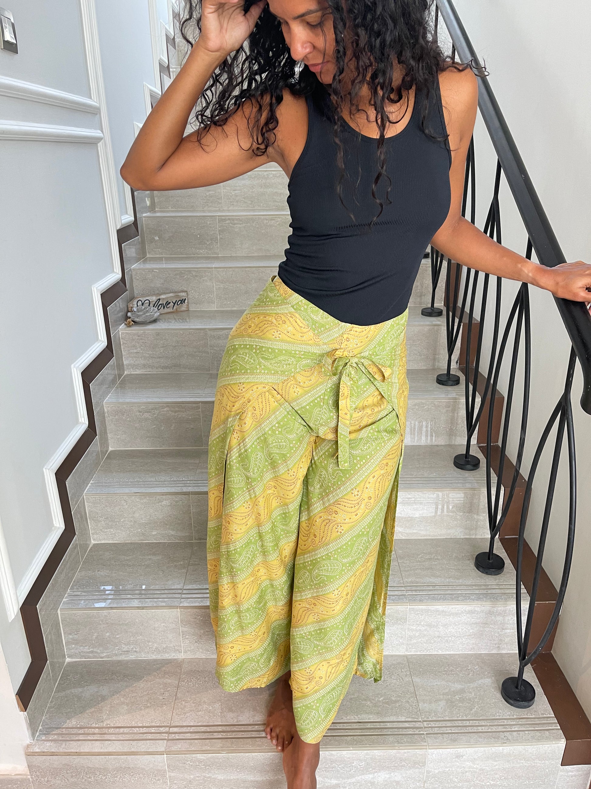 rayon-cotton-wrap-pants-for-tying-around-the-waist-with-Indian-inspired-yellow-green-symmetrical-design