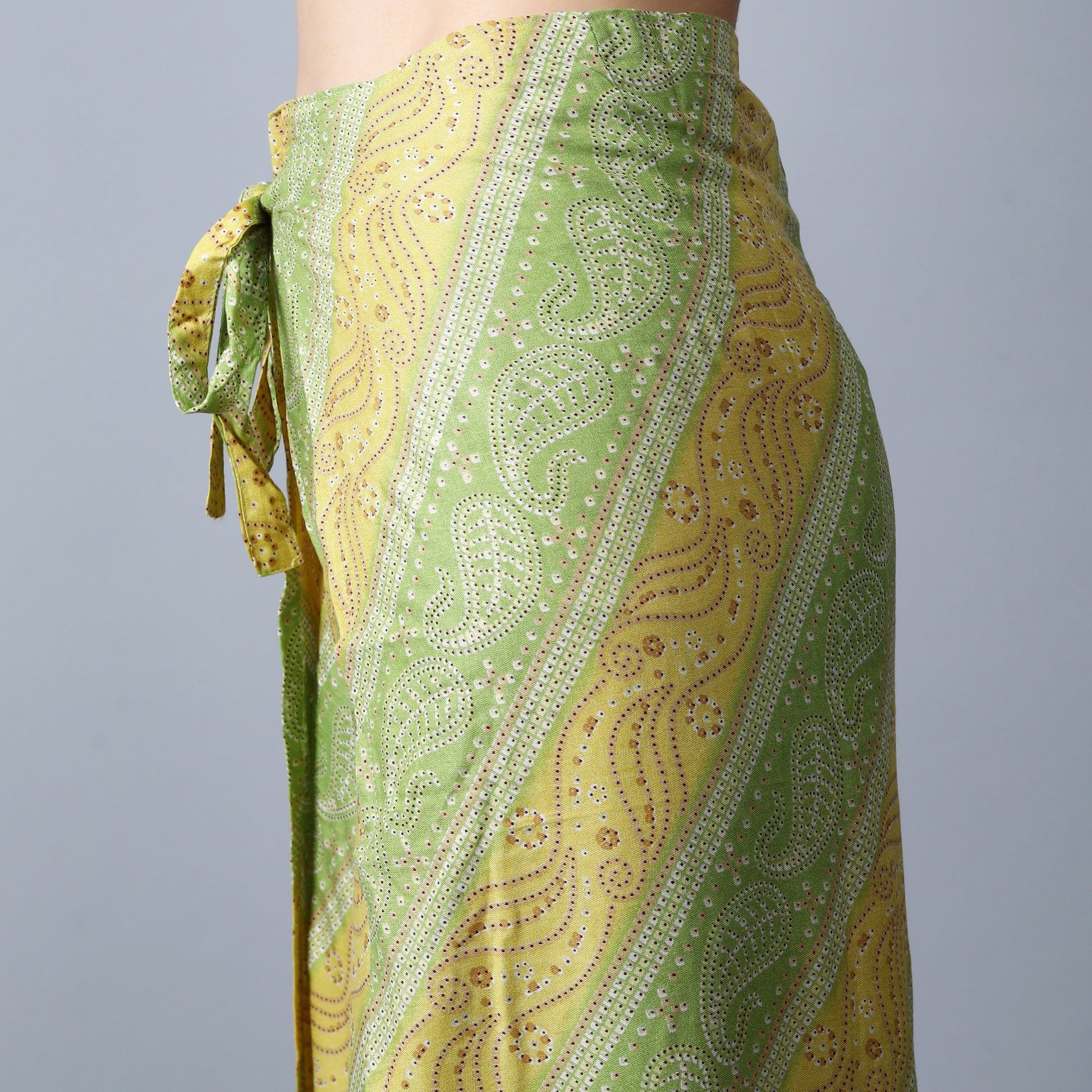 rayon-cotton-wrap-pants-for-tying-around-the-waist-with-Indian-inspired-yellow-green-symmetrical-design